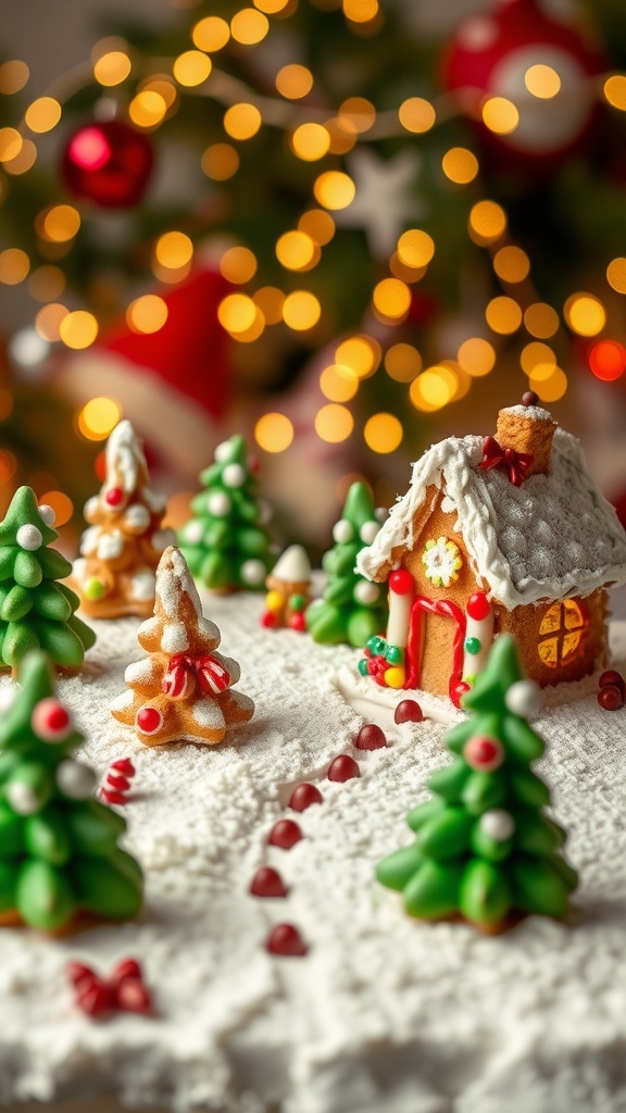 An edible Christmas card landscape made of cookies and icing, decorated with candies and a snowy theme.